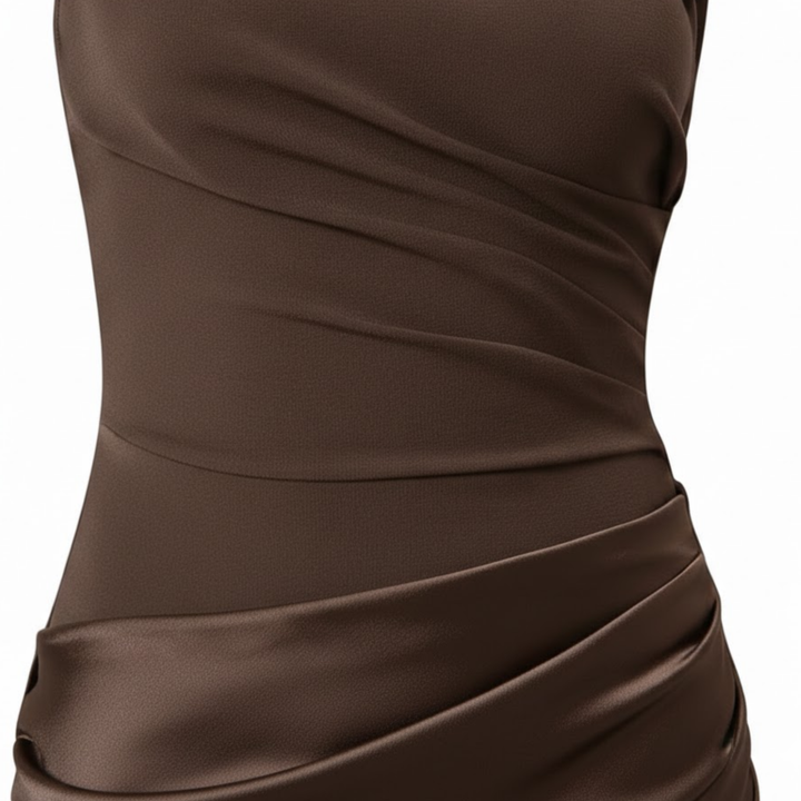 One-shoulder sleeveless satin patchwork maxi gown in a slim floor-length fit