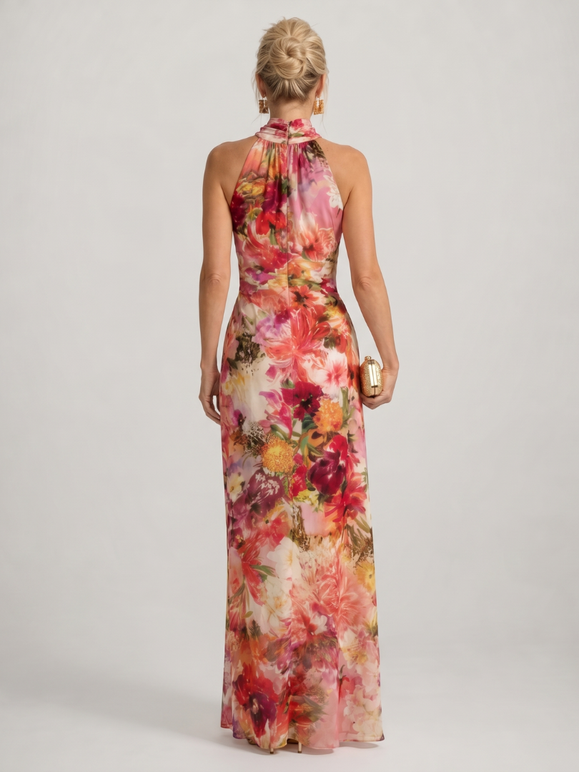 Elisabetta | Abito Maxi con Stampa Floreale e Collo All'Americana