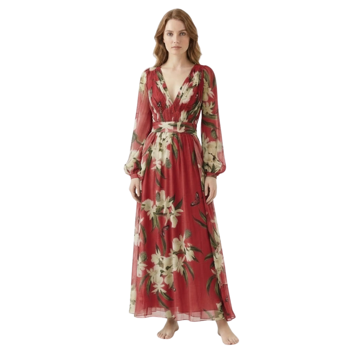 Floral long sleeve V-neck high-waist maxi dress with flowy ankle-length skirt