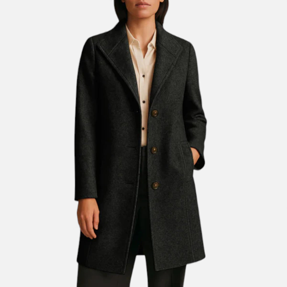 Women's mid-length tweed coat with tailored lapel and button front