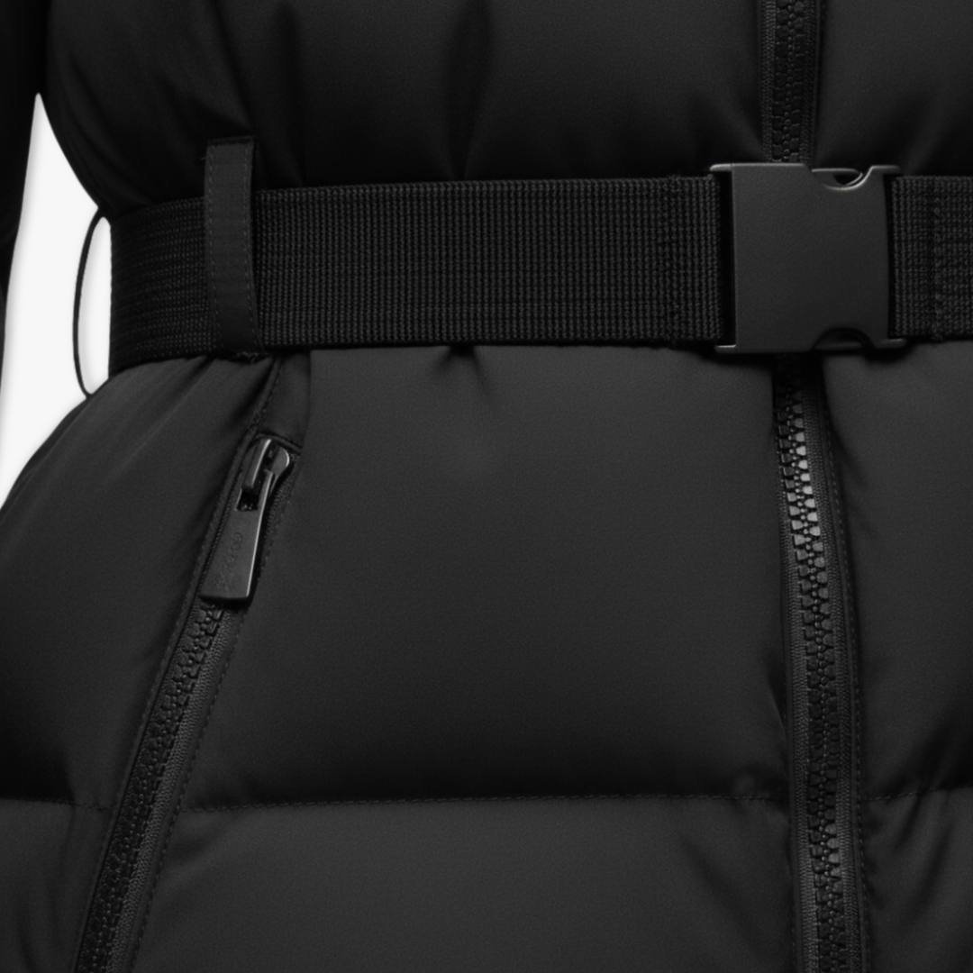 Black belted cotton-padded winter coat with high stand collar and zipper closure