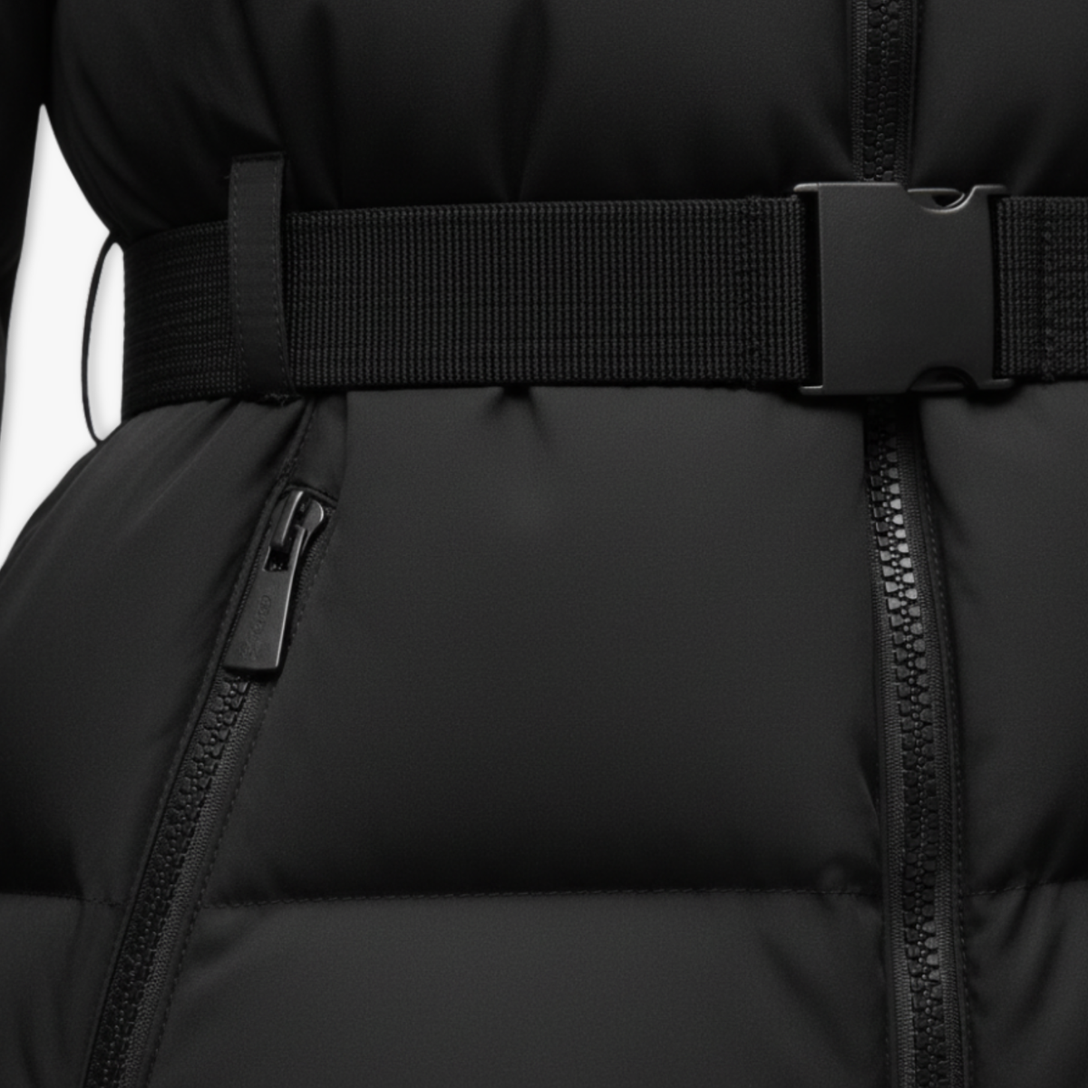 Black belted cotton-padded winter coat with high stand collar and zipper closure