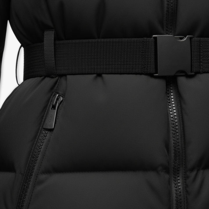 Black belted cotton-padded winter coat with high stand collar and zipper closure