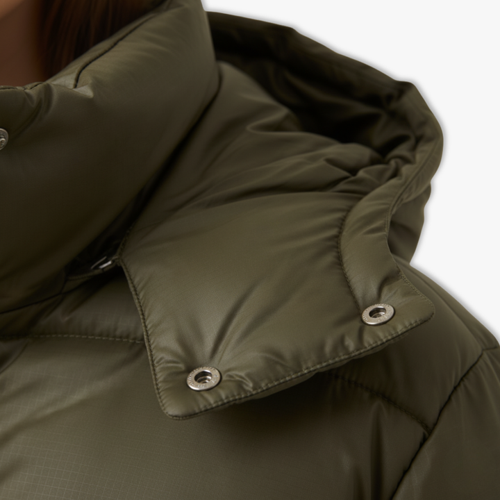Short hooded cotton jacket with standing neck and side pockets in black