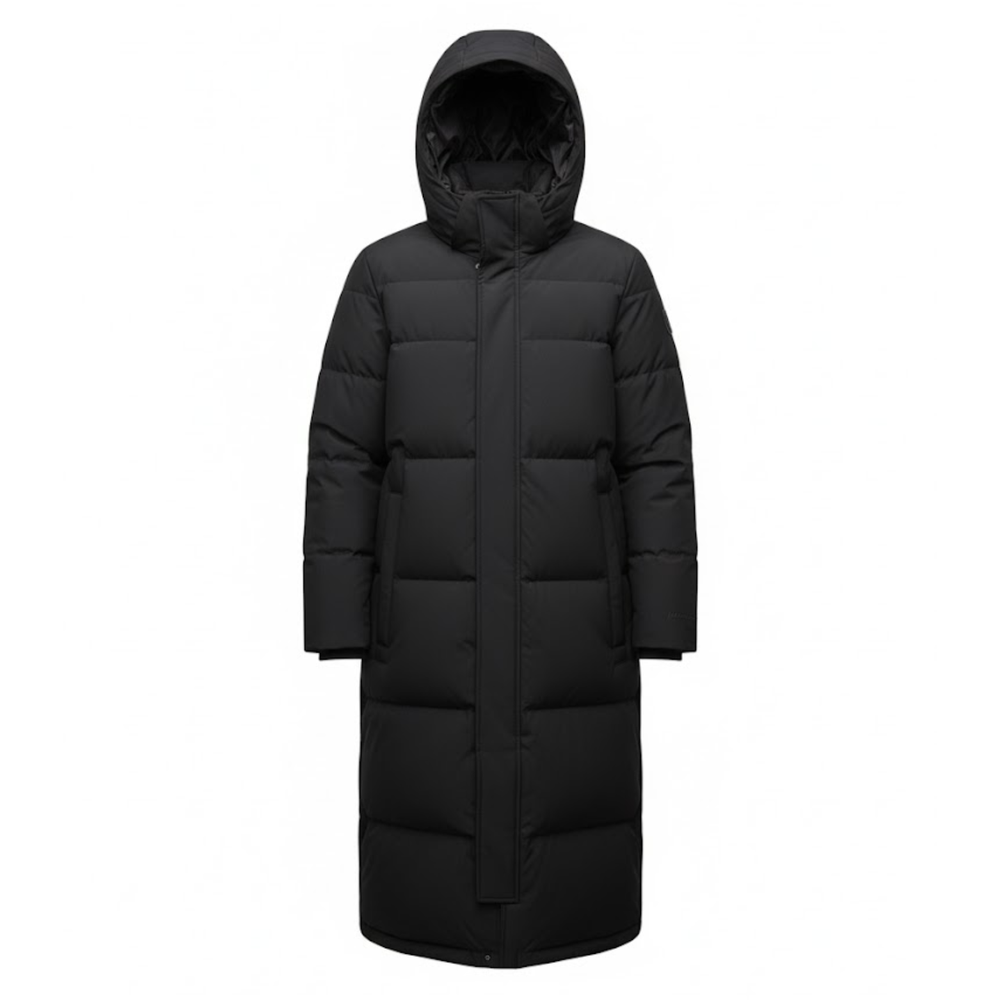 Men's long black quilted puffer parka with stand-up collar and full-front zipper