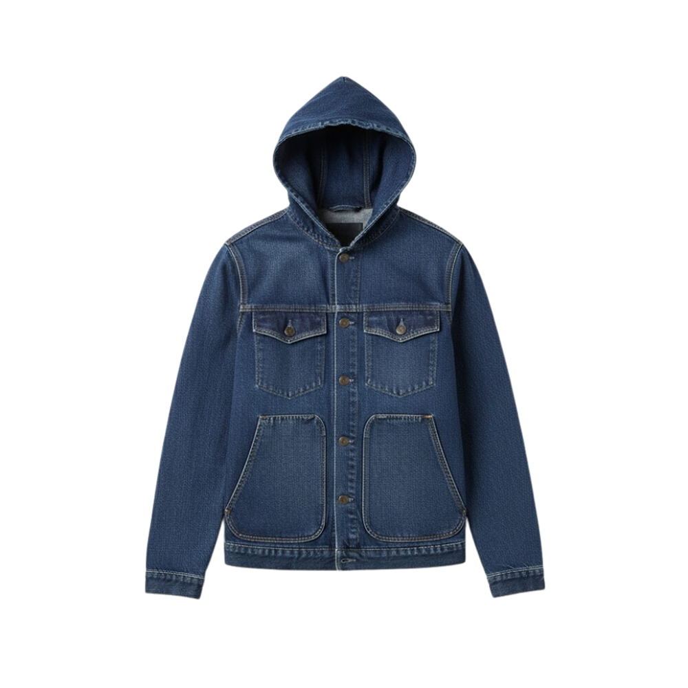 Men's hooded denim jacket in blue with large front pockets and casual streetwear styling