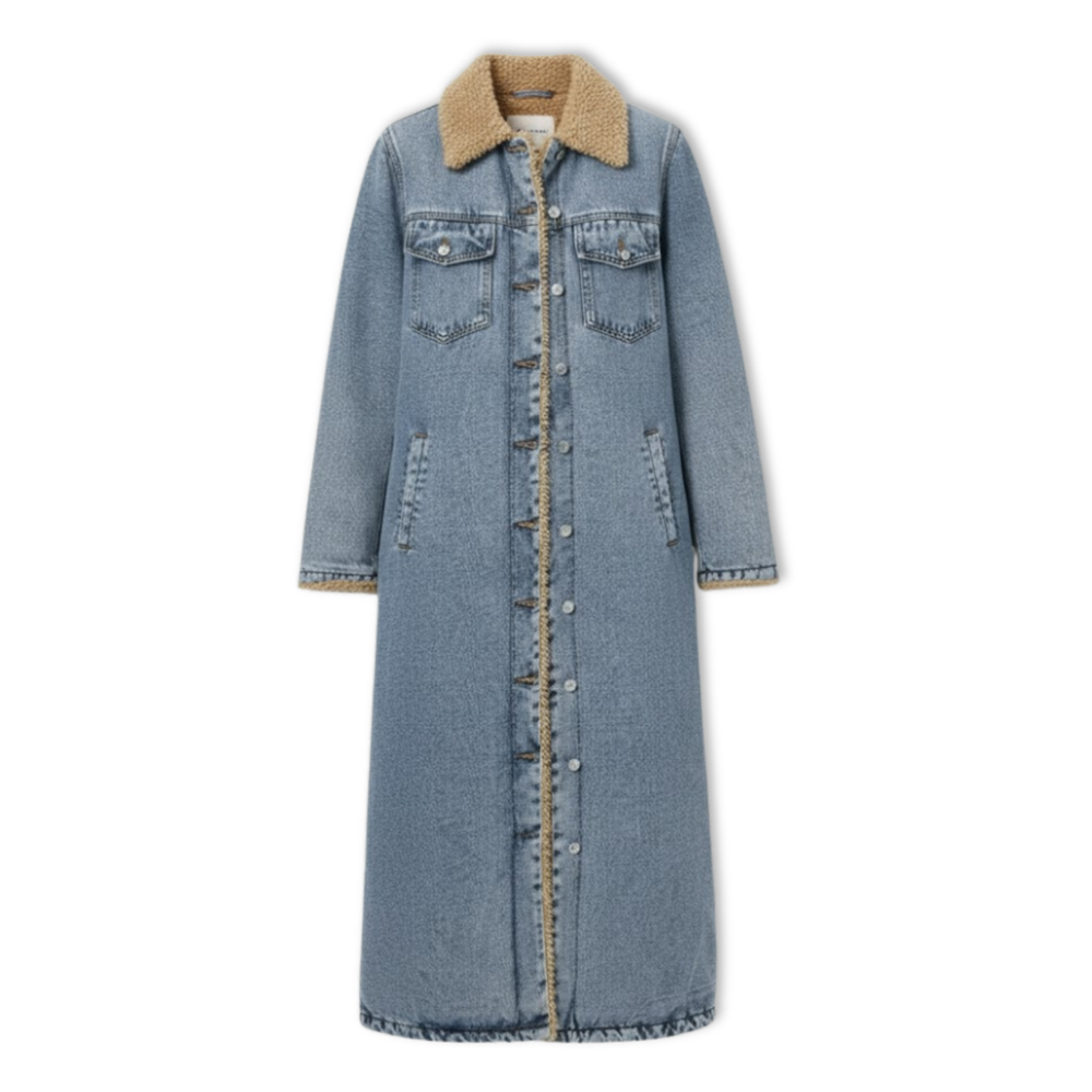 Women's long blue denim coat with faux fur collar and shearling-style lining
