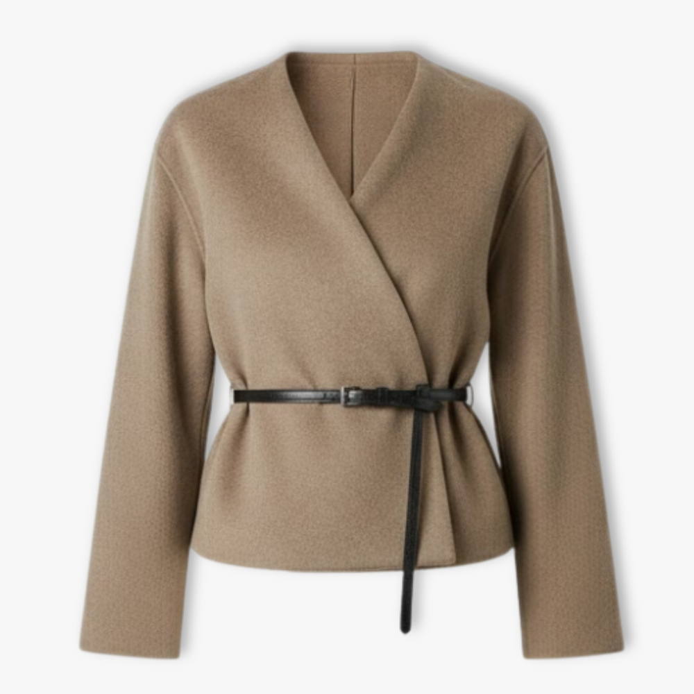 Women's khaki V-neck wrap jacket with coordinating waist belt and long sleeves