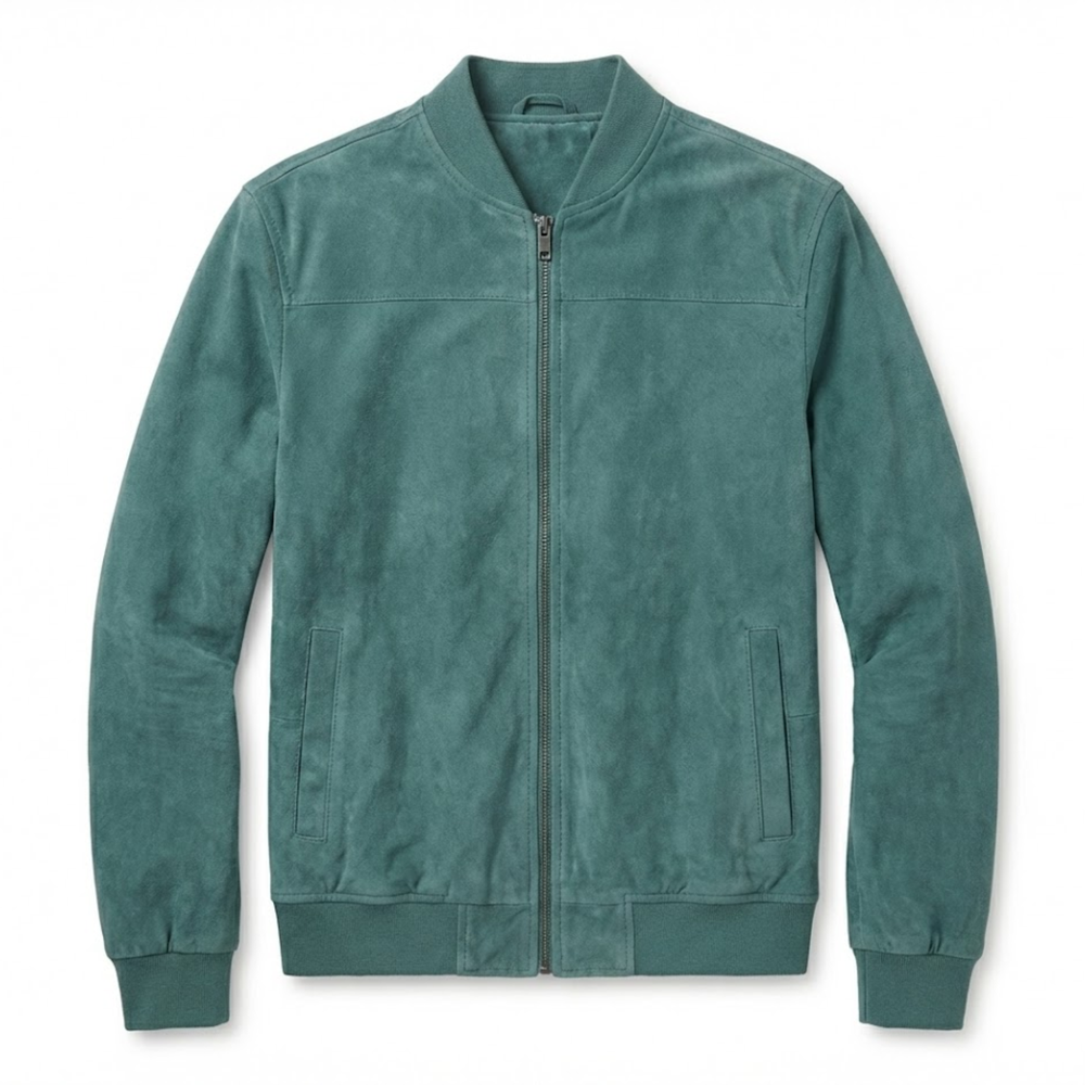Men's suede bomber jacket with stand collar and full-length zipper closure