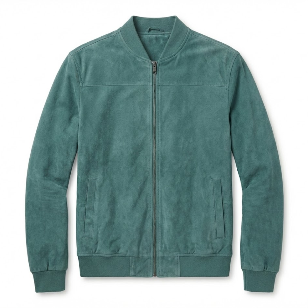 Men's suede bomber jacket with stand collar and full-length zipper closure