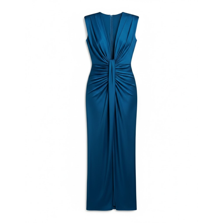 Sleeveless V-neck pleated maxi dress with ruched bodice and high front slit
