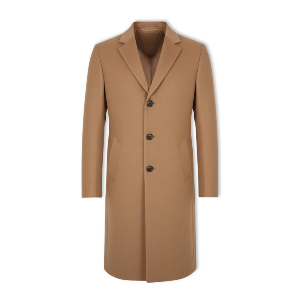 Men's long slim wool-blend windbreaker coat in a solid color