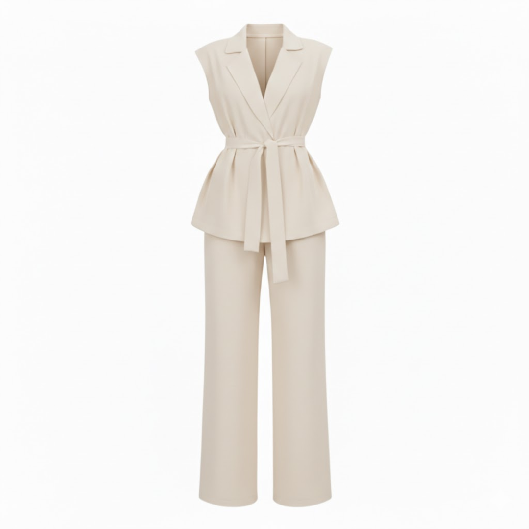 Sleeveless vest and wide-leg pants set with turn-down collar and tie waist belt