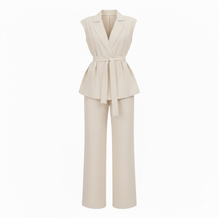 Sleeveless vest and wide-leg pants set with turn-down collar and tie waist belt
