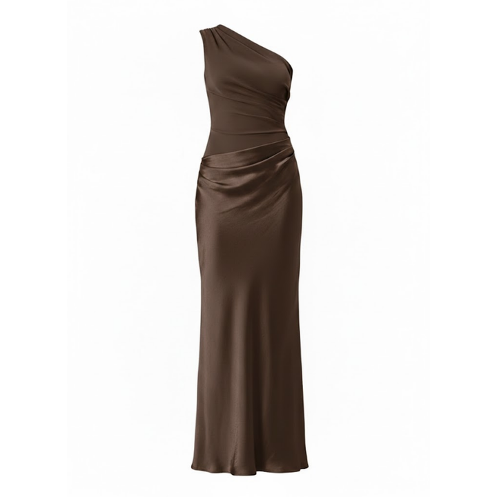 One-shoulder sleeveless satin patchwork maxi gown in a slim floor-length fit