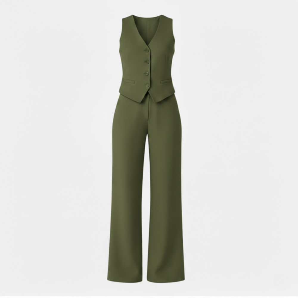 Womens sleeveless V-neck waistcoat and high waist wide leg trouser two piece set
