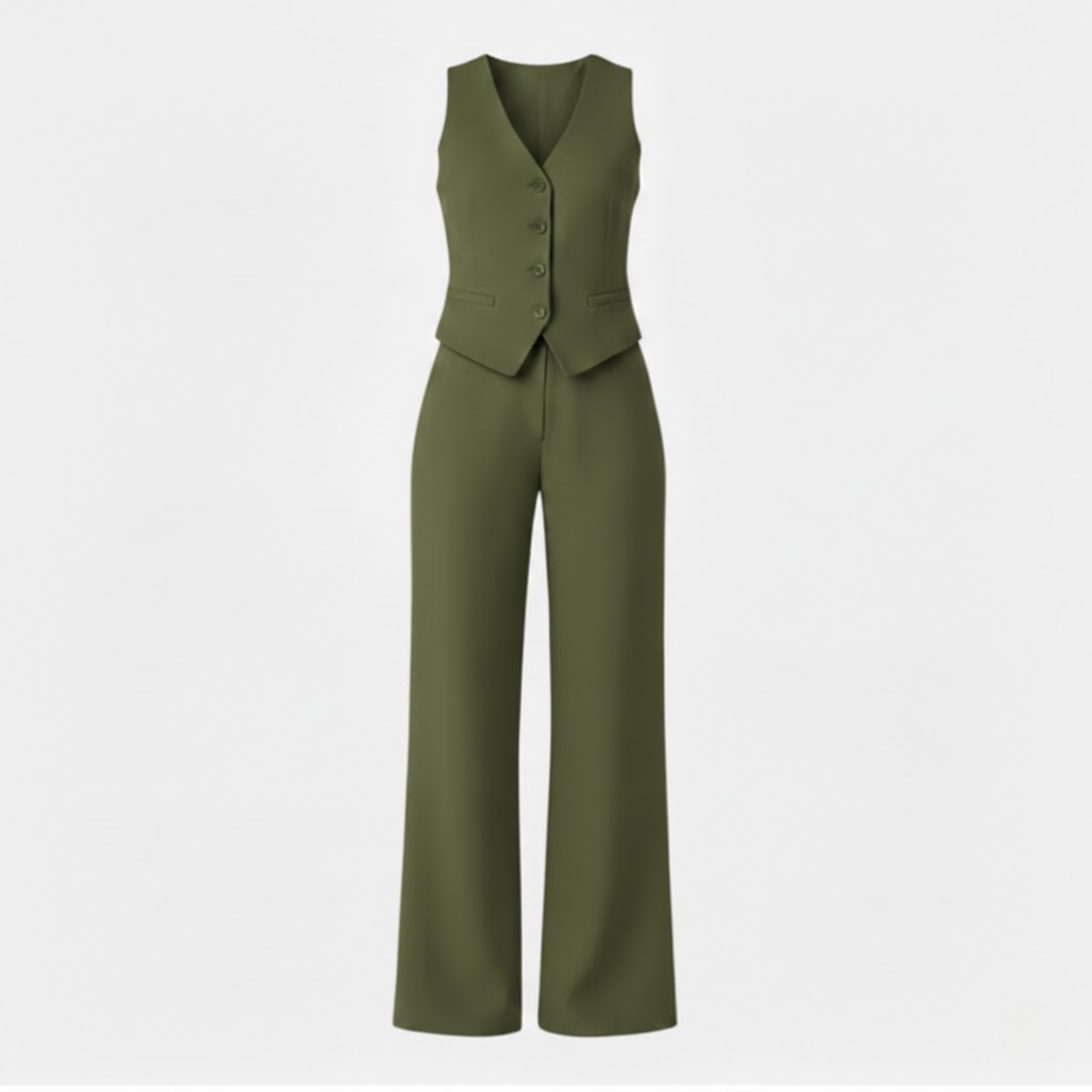 Womens sleeveless V-neck waistcoat and high waist wide leg trouser two piece set