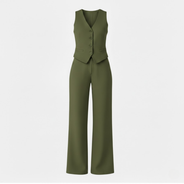 Womens sleeveless V-neck waistcoat and high waist wide leg trouser two piece set