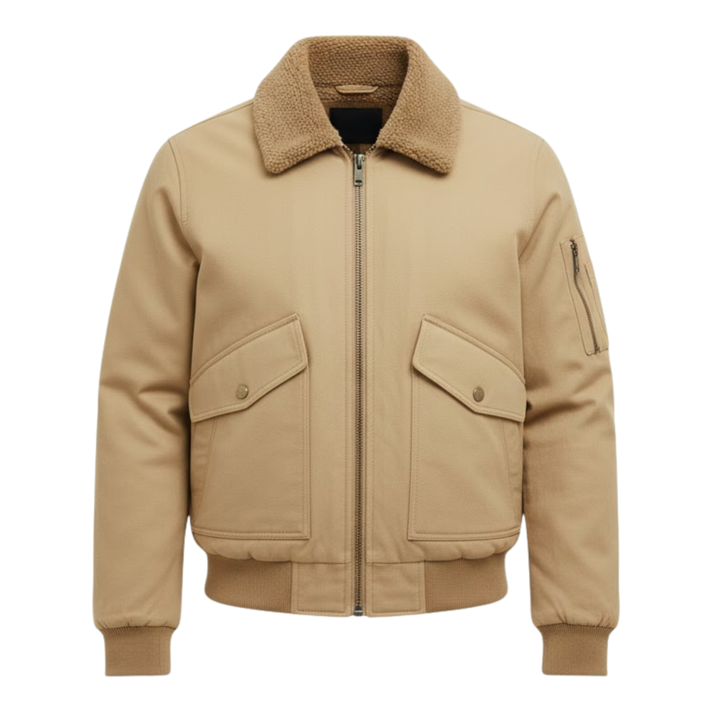 Men's fleece-lined cotton bomber jacket with zip-up front and spread collar