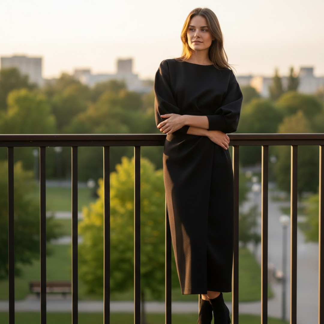 High-waisted A-line wrap midi dress with batwing kimono sleeves and waist tie