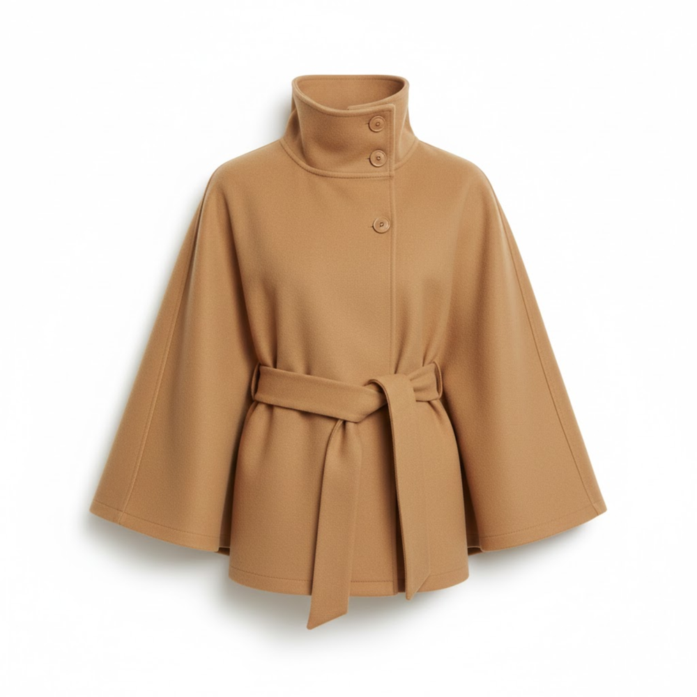 Women's belted cape coat with funnel neck, cape-style sleeves and button details