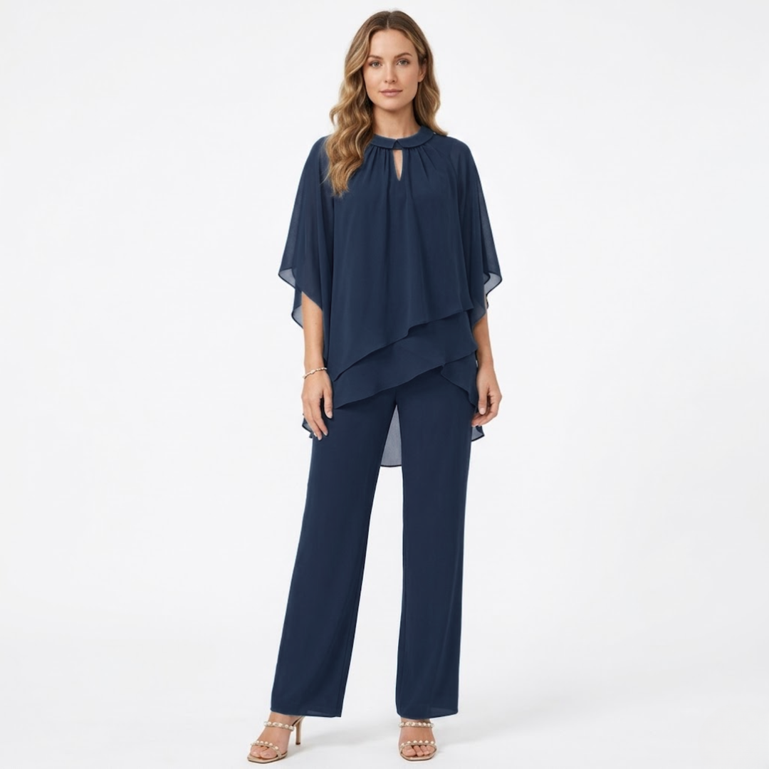 Elegant chiffon two-piece trouser suit with keyhole-detail top and straight-leg trousers