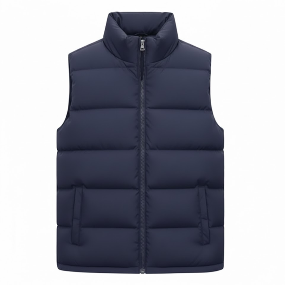 Men's quilted cotton puffer vest with stand collar and zippered side pockets in navy and black