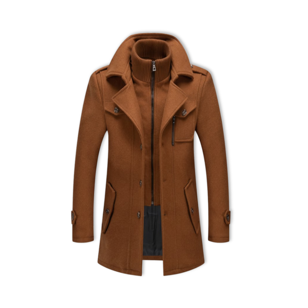 Men's mid-length wool-blend trench coat with double collar and zip front