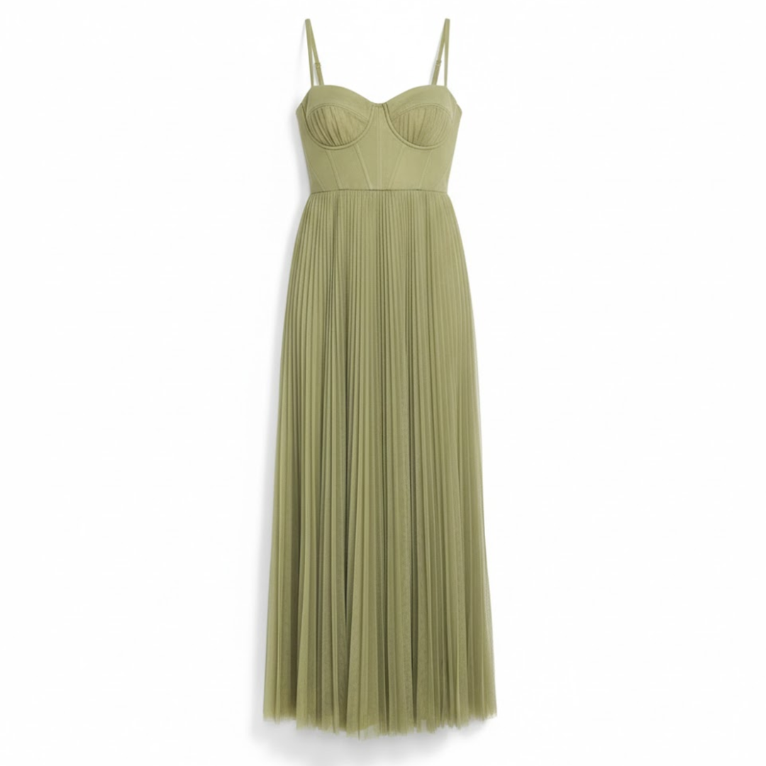 Green strapless pleated A-line maxi dress with square neckline and long flowing skirt