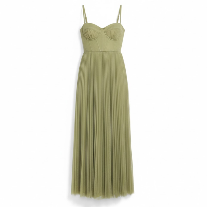 Green strapless pleated A-line maxi dress with square neckline and long flowing skirt