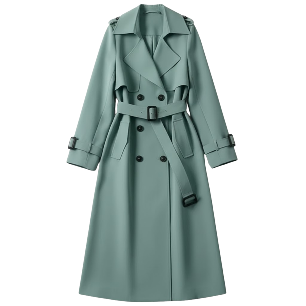 Women's long double-breasted trench coat with turn-down collar and matching waist belt