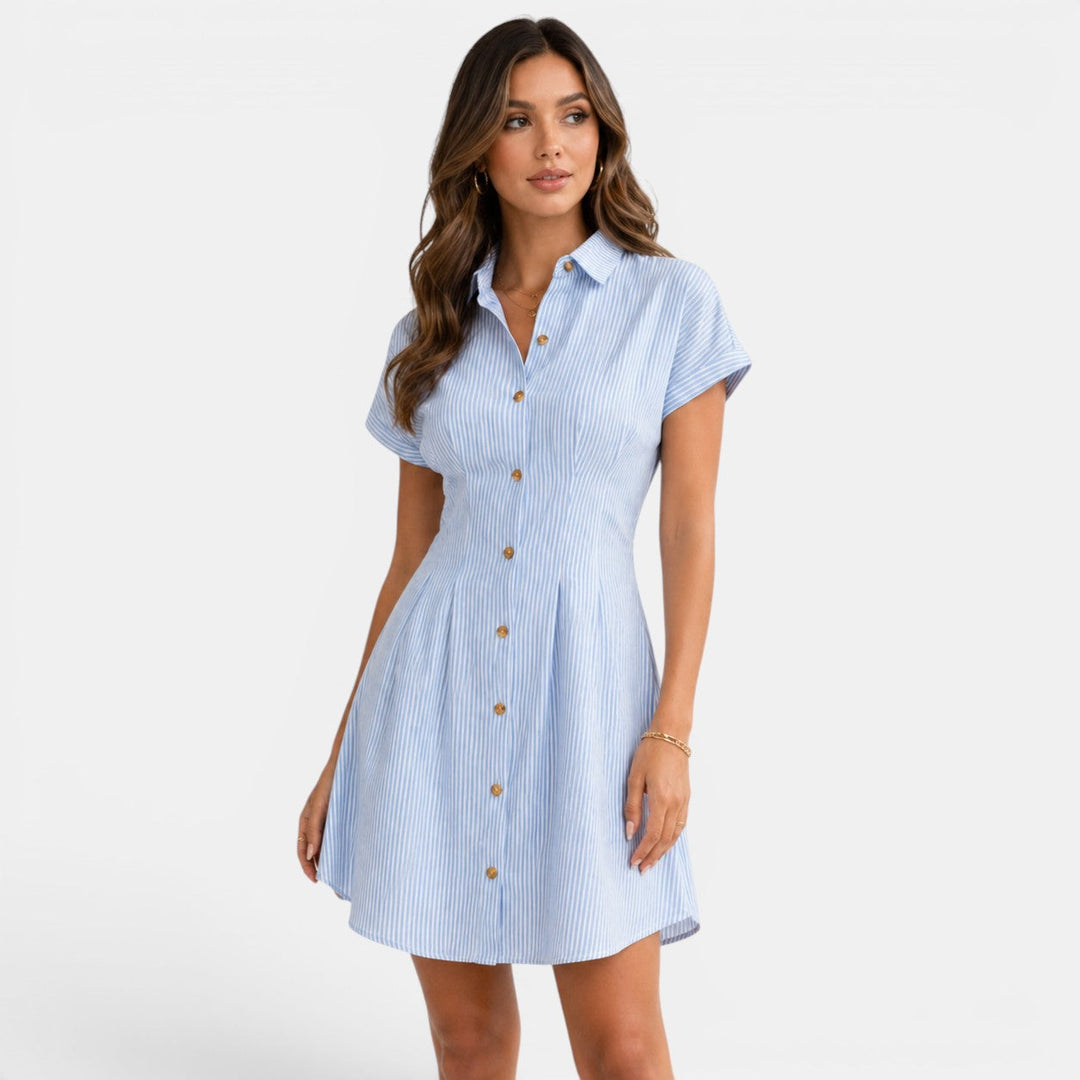 Sky blue high-waist button-up midi shirt dress with a soft A-line silhouette