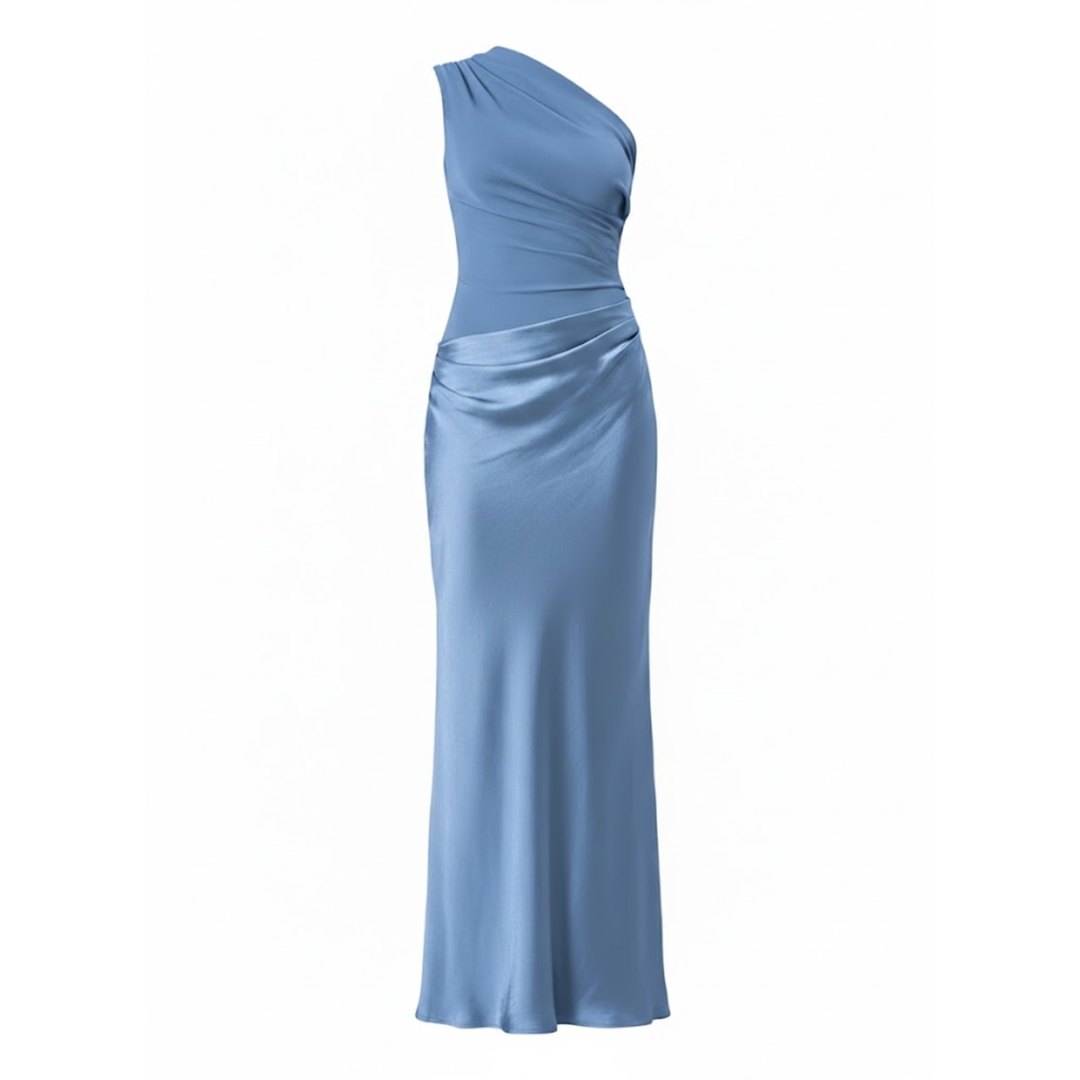 One-shoulder sleeveless satin patchwork maxi gown in a slim floor-length fit