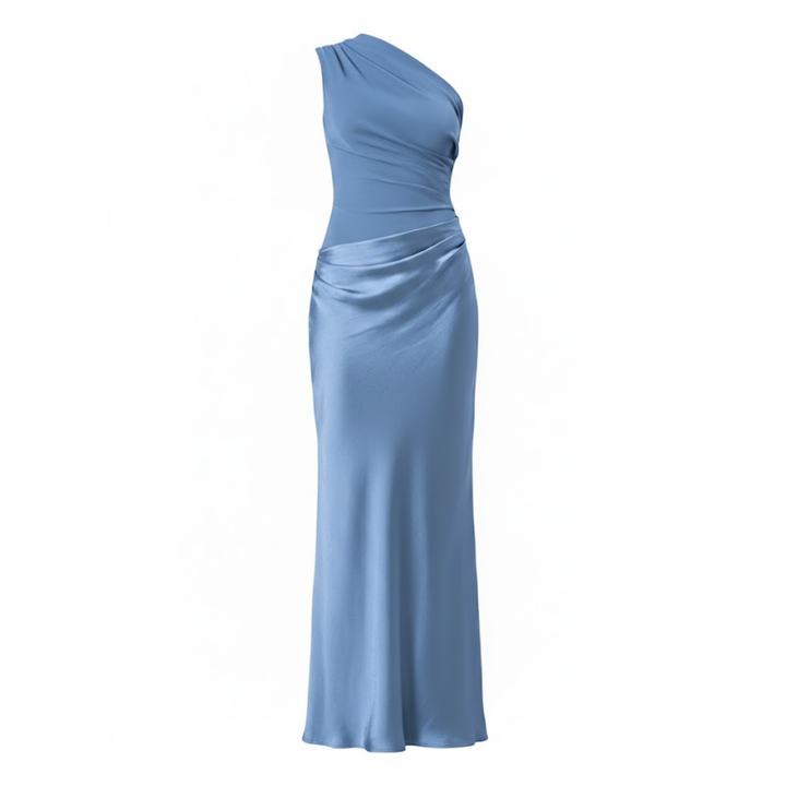 One-shoulder sleeveless satin patchwork maxi gown in a slim floor-length fit