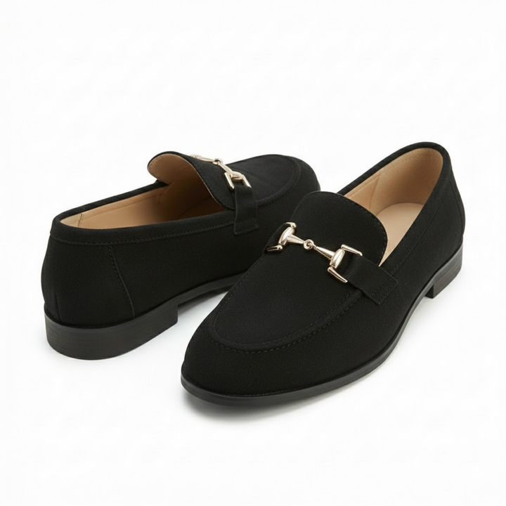 Patent leather pointed-toe dress loafers with gold-tone metal buckle