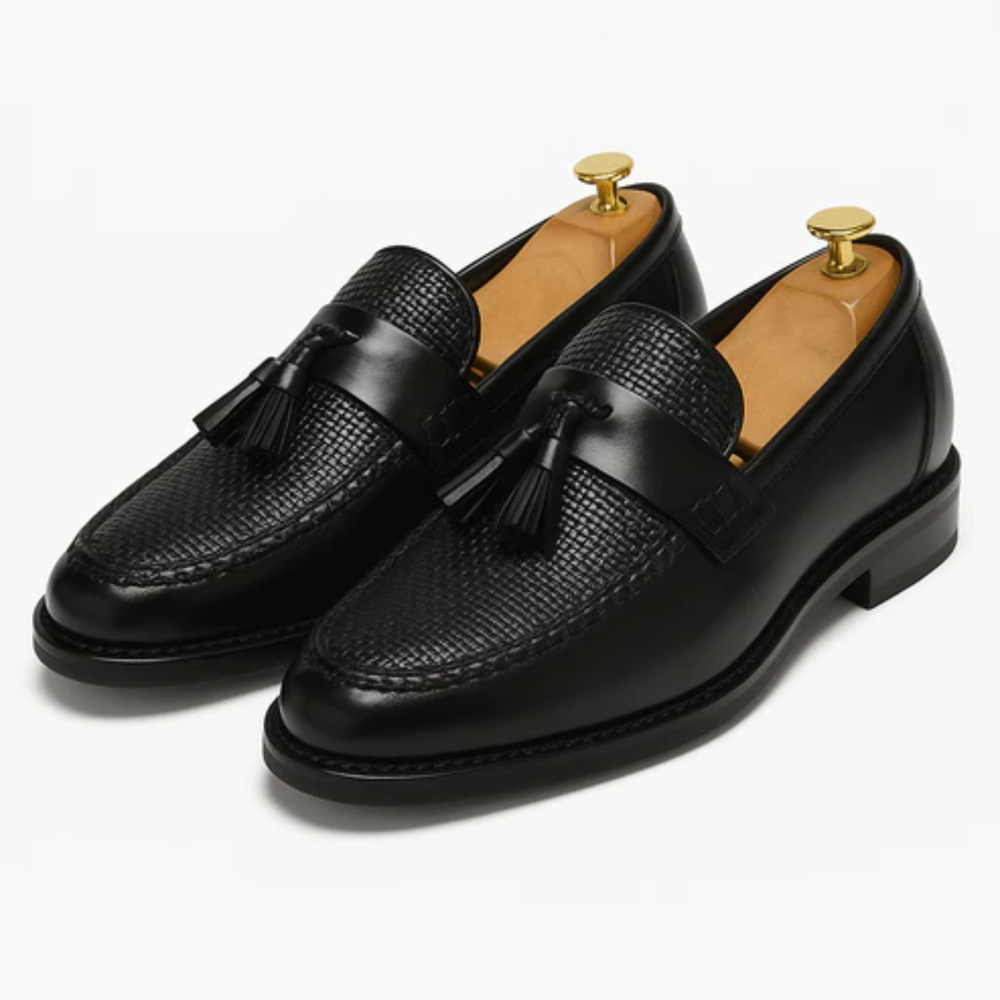 Men's woven tassel loafers slip-on dress shoes in black and brown