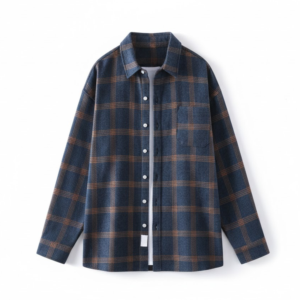 Men's plaid long-sleeved shirt jacket shown in navy and reddish brown