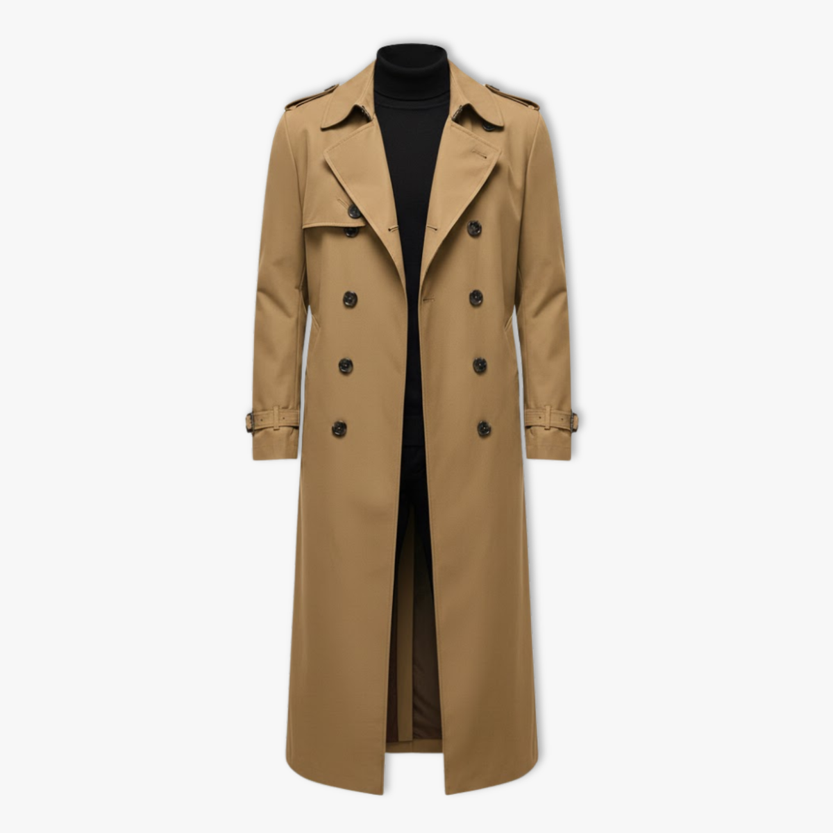 Men's extra-long single-breasted trench coat overcoat with lapel collar and loose fit
