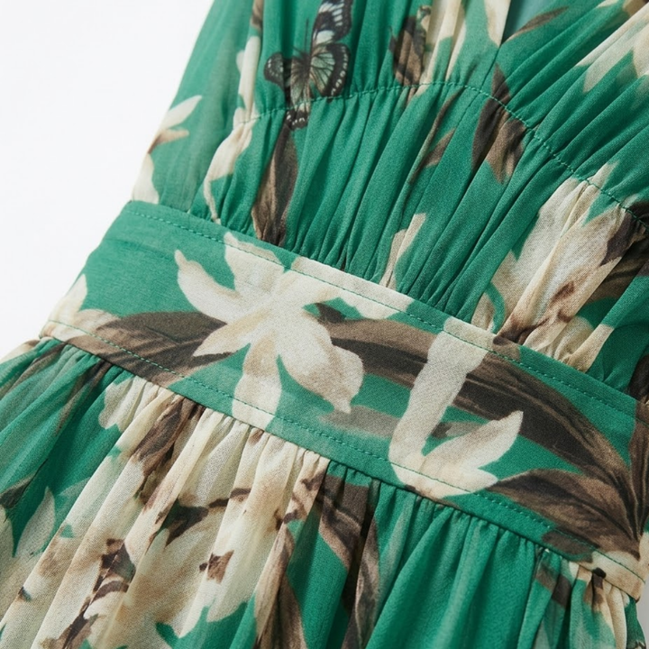 Floral long sleeve V-neck high-waist maxi dress with flowy ankle-length skirt