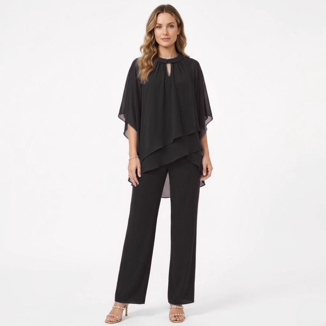 Elegant chiffon two-piece trouser suit with keyhole-detail top and straight-leg trousers