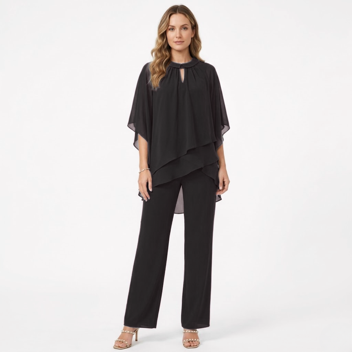 Elegant chiffon two-piece trouser suit with keyhole-detail top and straight-leg trousers