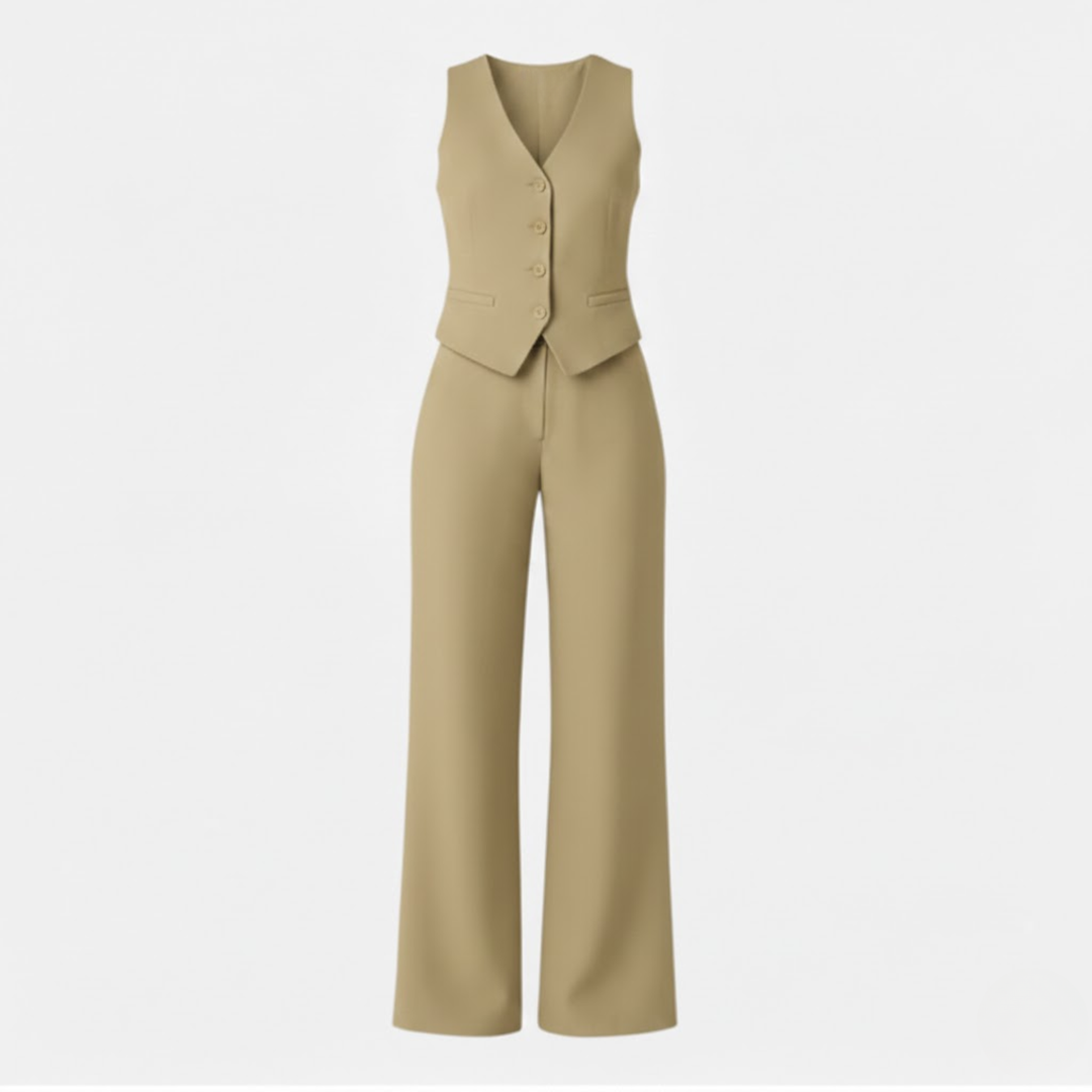 Womens sleeveless V-neck waistcoat and high waist wide leg trouser two piece set