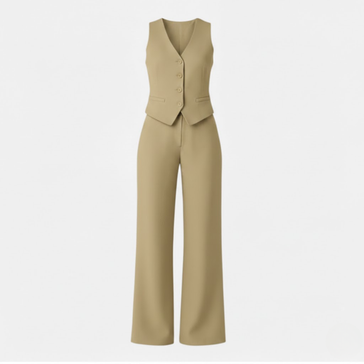 Womens sleeveless V-neck waistcoat and high waist wide leg trouser two piece set