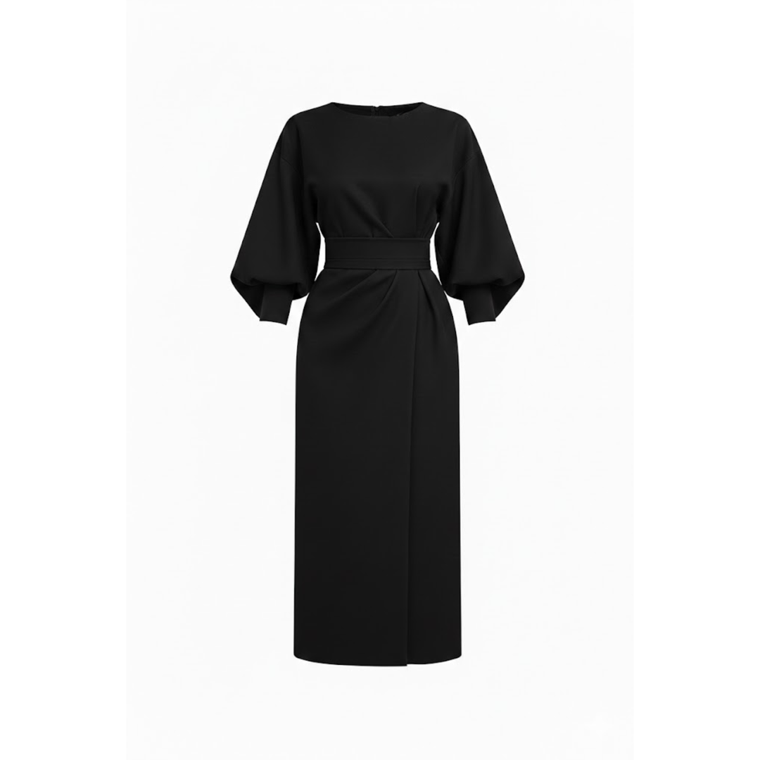 High-waisted A-line wrap midi dress with batwing kimono sleeves and waist tie