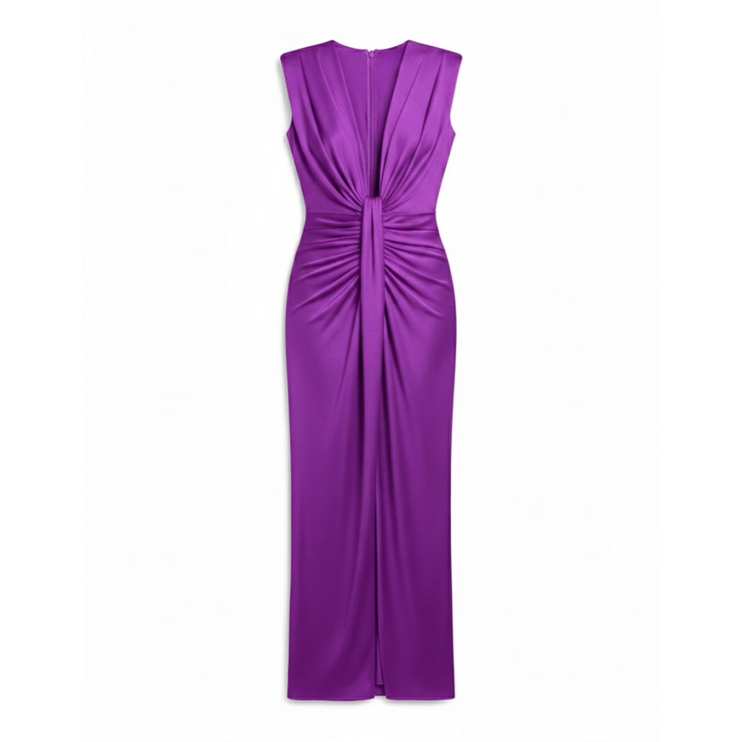 Sleeveless V-neck pleated maxi dress with ruched bodice and high front slit
