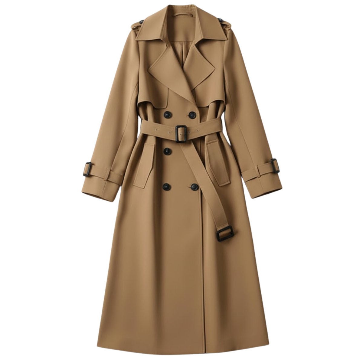 Women's long double-breasted trench coat with turn-down collar and matching waist belt
