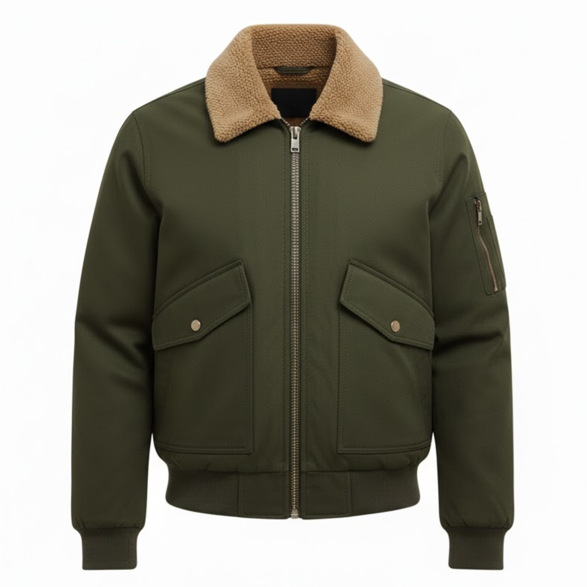 Men's fleece-lined cotton bomber jacket with zip-up front and spread collar