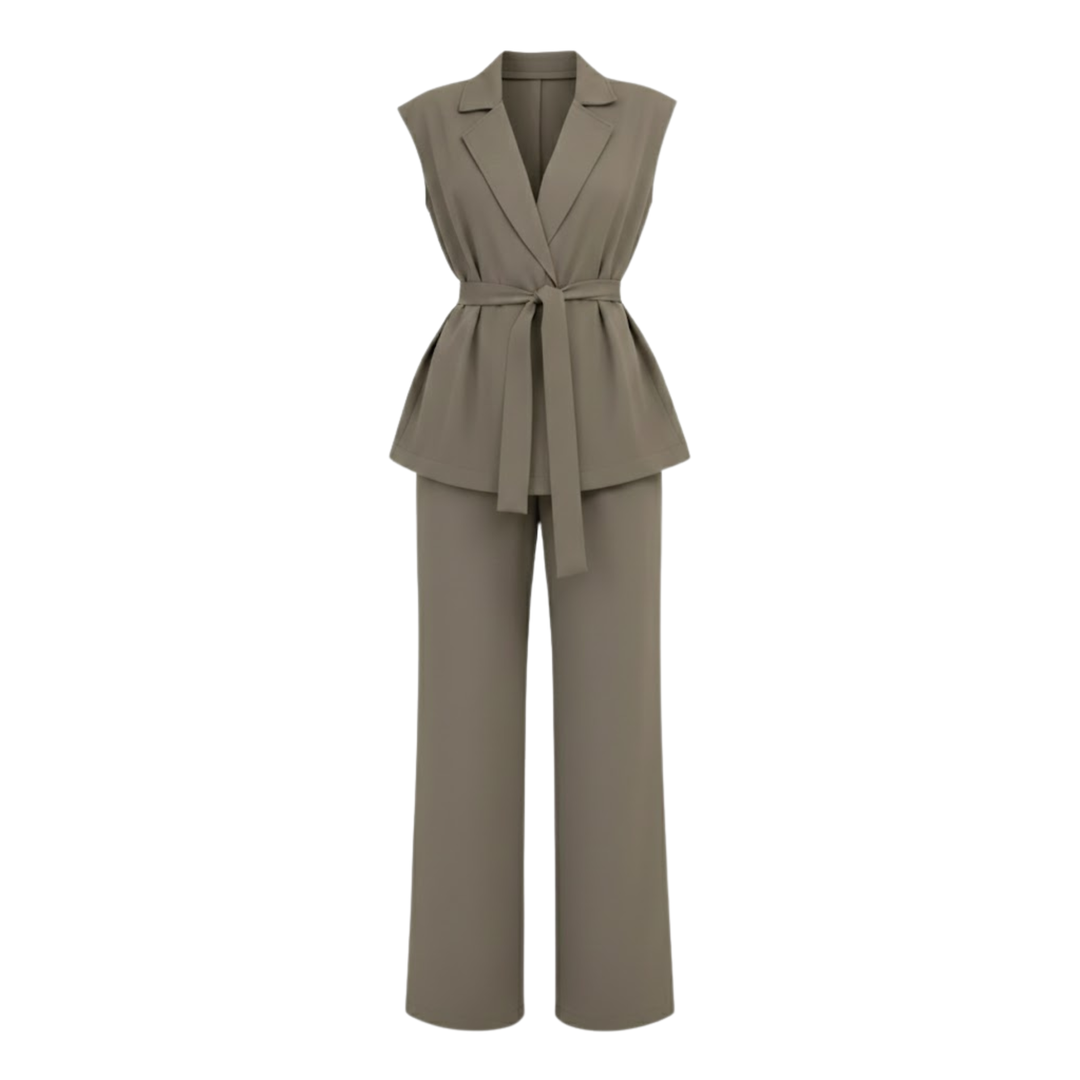 Sleeveless vest and wide-leg pants set with turn-down collar and tie waist belt