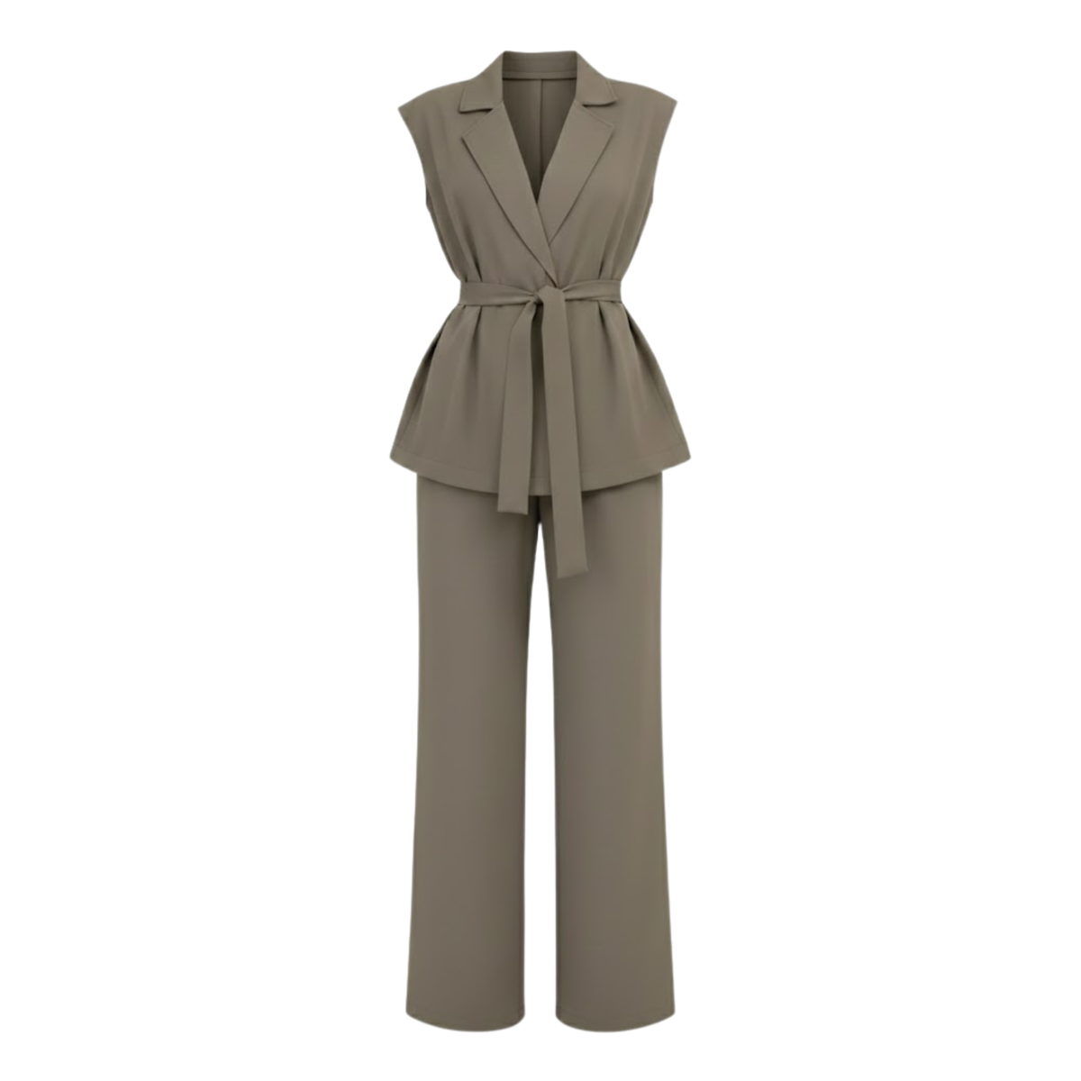 Sleeveless vest and wide-leg pants set with turn-down collar and tie waist belt