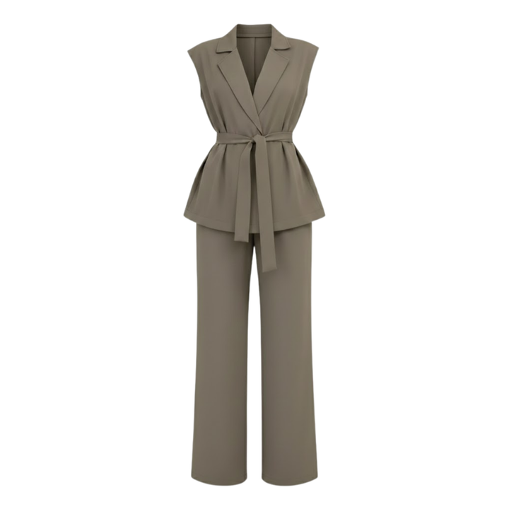 Sleeveless vest and wide-leg pants set with turn-down collar and tie waist belt